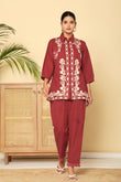 Floral Threadwork Maroon Co-ord Set