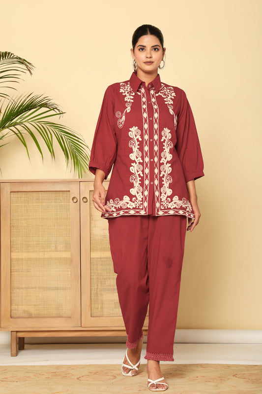 Floral Threadwork Maroon Co-ord Set