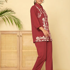 Floral Threadwork Maroon Co-ord Set