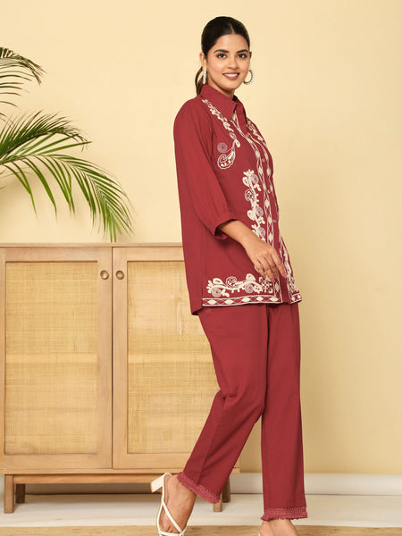 Floral Threadwork Maroon Co-ord Set