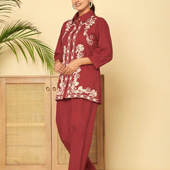 Floral Threadwork Maroon Co-ord Set