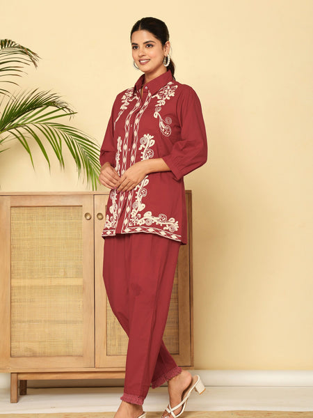 Floral Threadwork Maroon Co-ord Set
