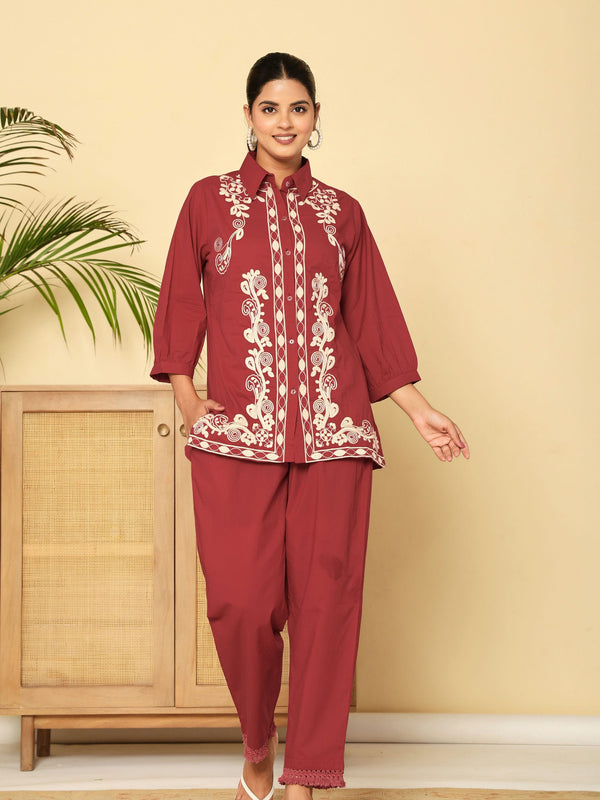 Floral Threadwork Maroon Co-ord Set