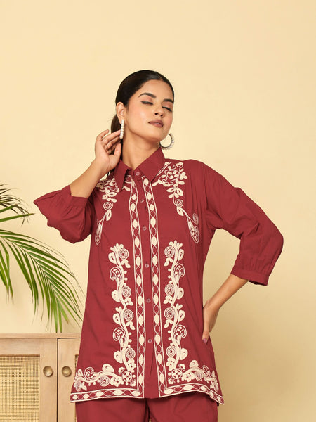 Floral Threadwork Maroon Co-ord Set