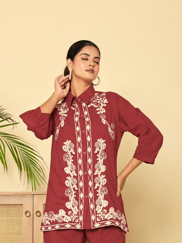 Floral Threadwork Maroon Co-ord Set