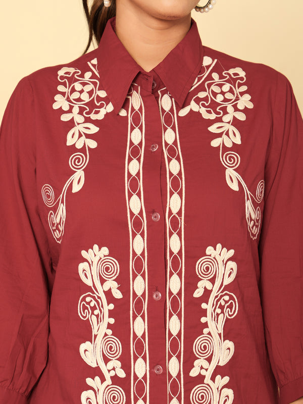 Floral Threadwork Maroon Co-ord Set