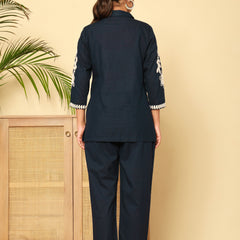 Navy Blue Cotton Embroidered Floral Co-Ord Set