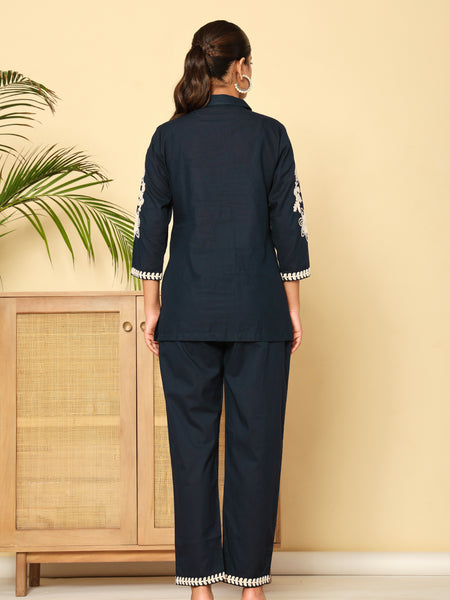Navy Blue Cotton Embroidered Floral Co-Ord Set