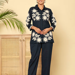 Navy Blue Cotton Embroidered Floral Co-Ord Set