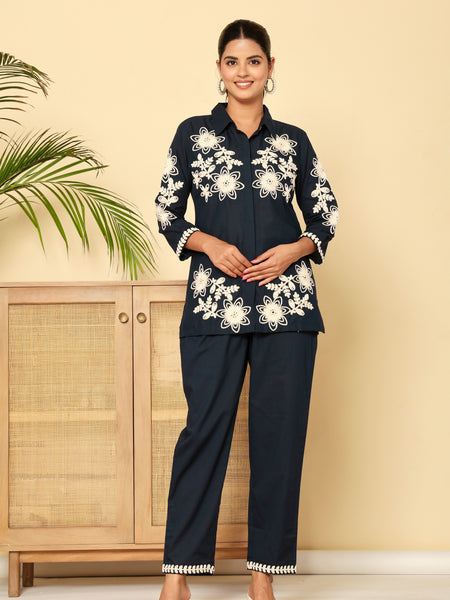 Navy Blue Cotton Embroidered Floral Co-Ord Set