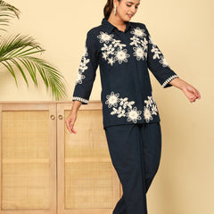 Navy Blue Cotton Embroidered Floral Co-Ord Set
