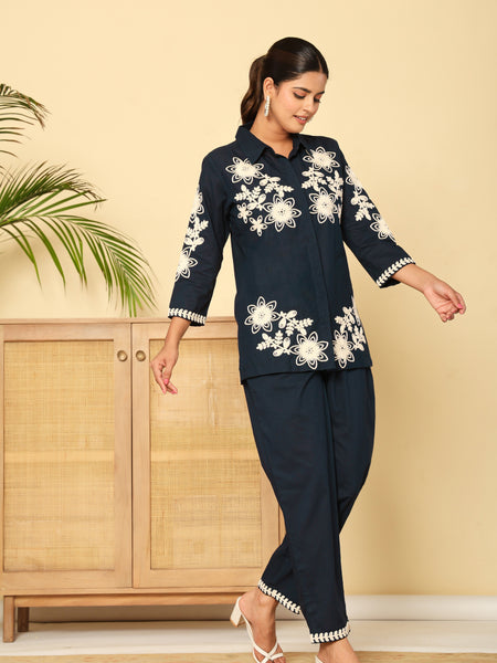 Navy Blue Cotton Embroidered Floral Co-Ord Set