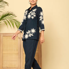 Navy Blue Cotton Embroidered Floral Co-Ord Set