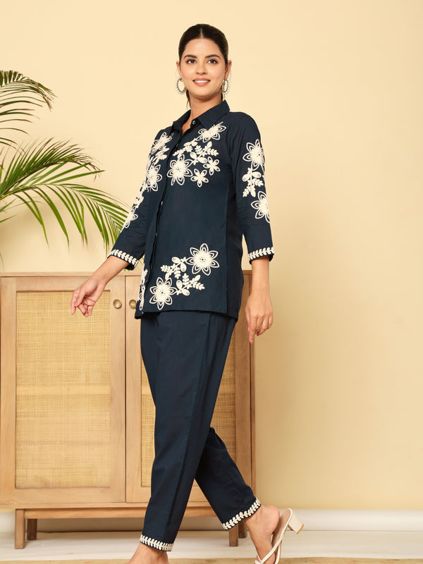Navy Blue Cotton Embroidered Floral Co-Ord Set