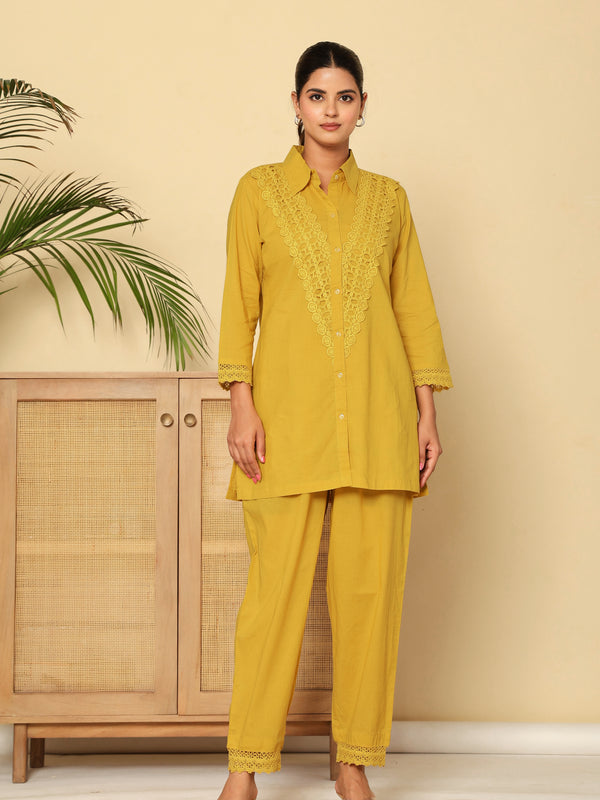 From Haldi to Mehendi: Trendy Yellow Co-ord Sets Every Bridesmaid Needs 5 Golden Lace Mustard Cotton Co-ord Set