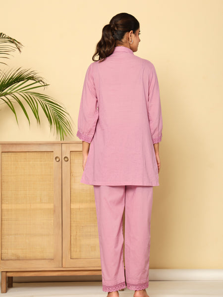 Graceful Lavender Co-Ord Ensemble Featuring Intricate Lace and Comfort Fit