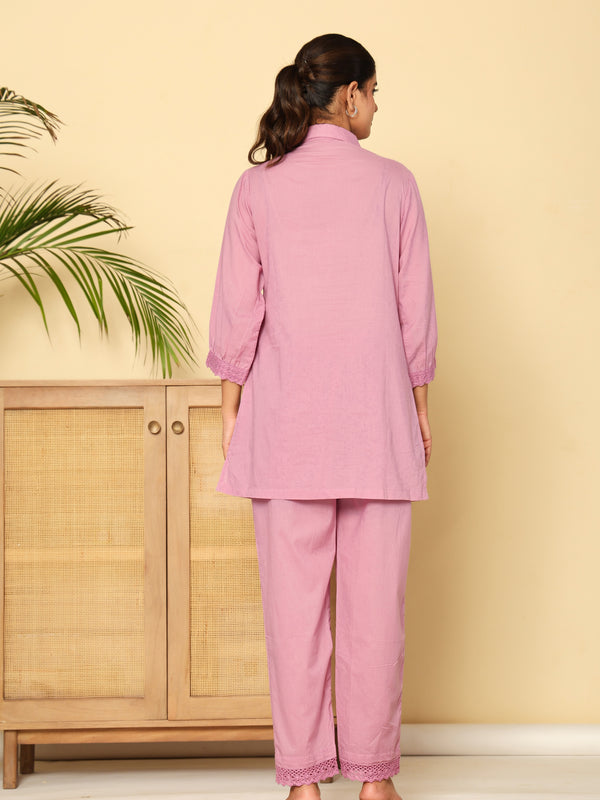 Graceful Lavender Co-Ord Ensemble Featuring Intricate Lace and Comfort Fit