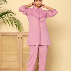 Graceful Lavender Co-Ord Ensemble Featuring Intricate Lace and Comfort Fit