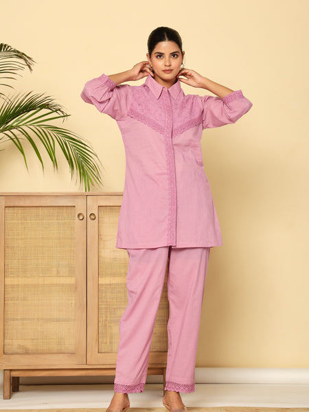 Graceful Lavender Co-Ord Ensemble Featuring Intricate Lace and Comfort Fit