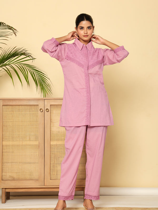 Graceful Lavender Co-Ord Ensemble Featuring Intricate Lace and Comfort Fit