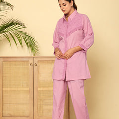 Graceful Lavender Co-Ord Ensemble Featuring Intricate Lace and Comfort Fit