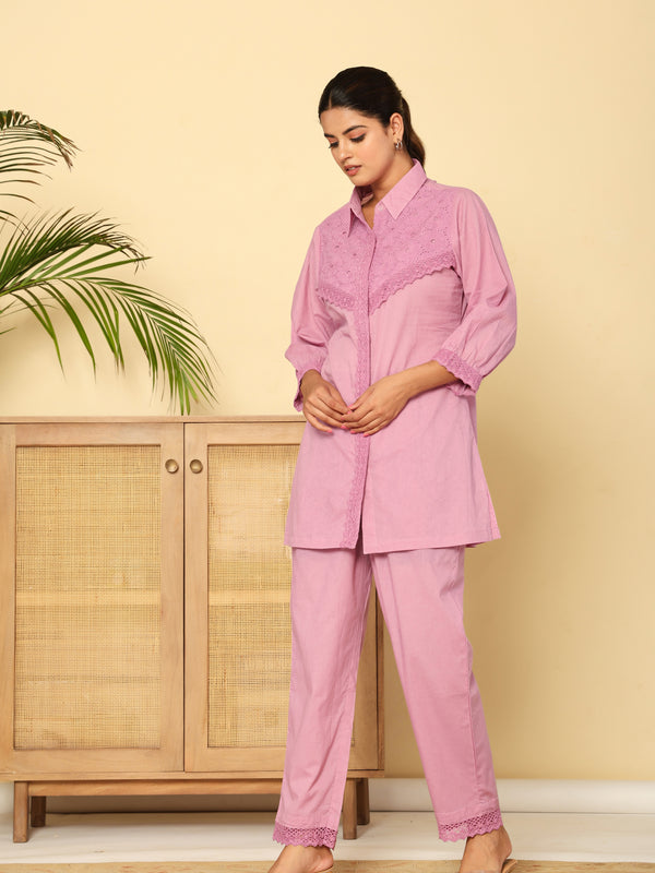 Graceful Lavender Co-Ord Ensemble Featuring Intricate Lace and Comfort Fit