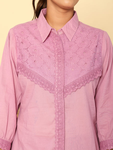 Graceful Lavender Co-Ord Ensemble Featuring Intricate Lace and Comfort Fit