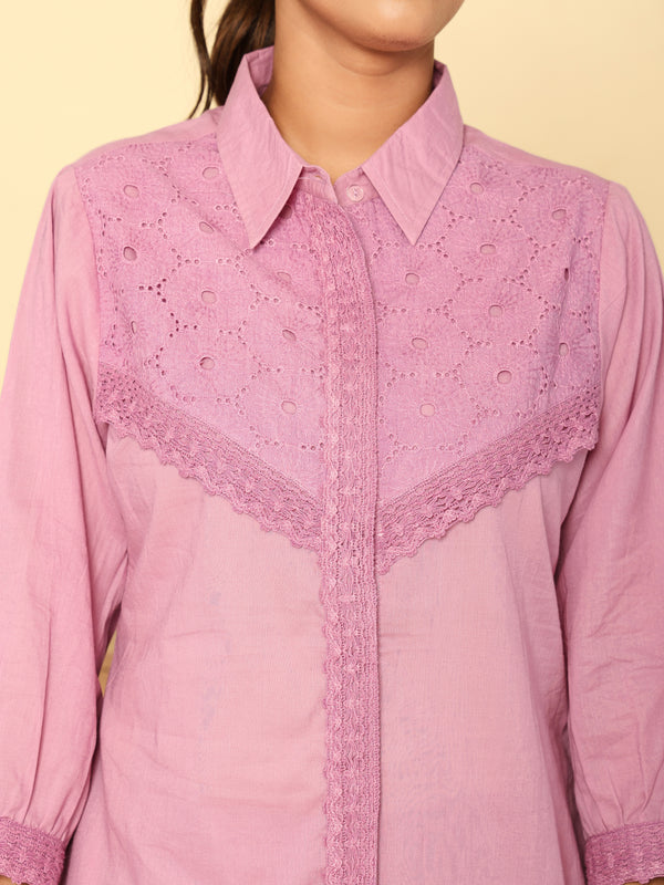 Graceful Lavender Co-Ord Ensemble Featuring Intricate Lace and Comfort Fit