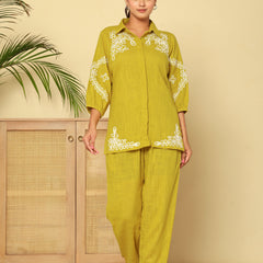 Mint Green White Floral Embroidered Cotton Co-ord Set