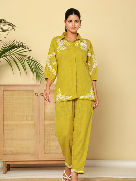 Mint Green White Floral Embroidered Cotton Co-ord Set