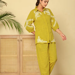 Mint Green White Floral Embroidered Cotton Co-ord Set