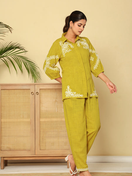 Mint Green White Floral Embroidered Cotton Co-ord Set