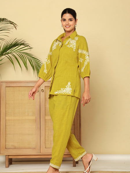 Mint Green White Floral Embroidered Cotton Co-ord Set