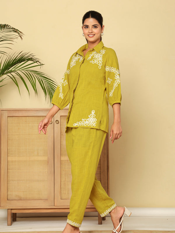 Mint Green White Floral Embroidered Cotton Co-ord Set