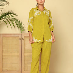 Mint Green White Floral Embroidered Cotton Co-ord Set