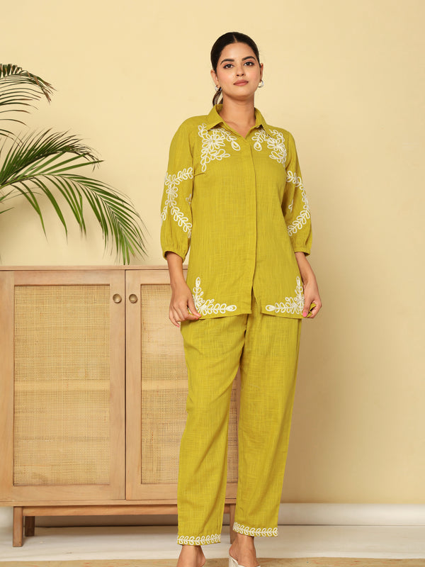 Mint Green White Floral Embroidered Cotton Co-ord Set