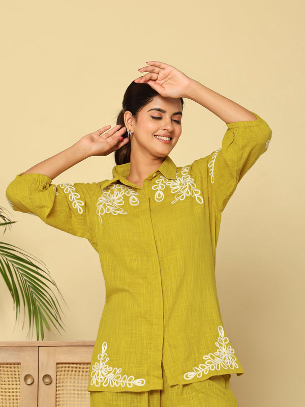 Mint Green White Floral Embroidered Cotton Co-ord Set