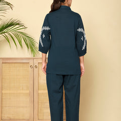 Midnight Bloom Navy Cotton Co-ord Set with Embroidery