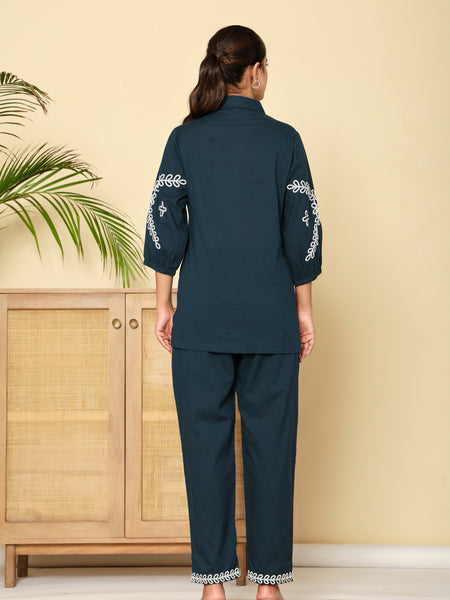 Midnight Bloom Navy Cotton Co-ord Set with Embroidery