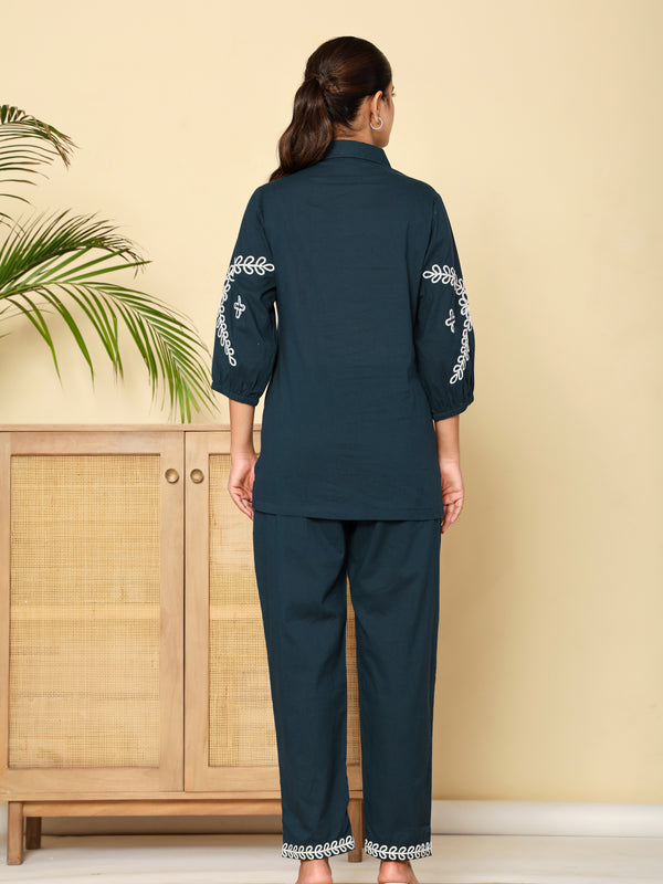 Midnight Bloom Navy Cotton Co-ord Set with Embroidery