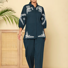 Midnight Bloom Navy Cotton Co-ord Set with Embroidery