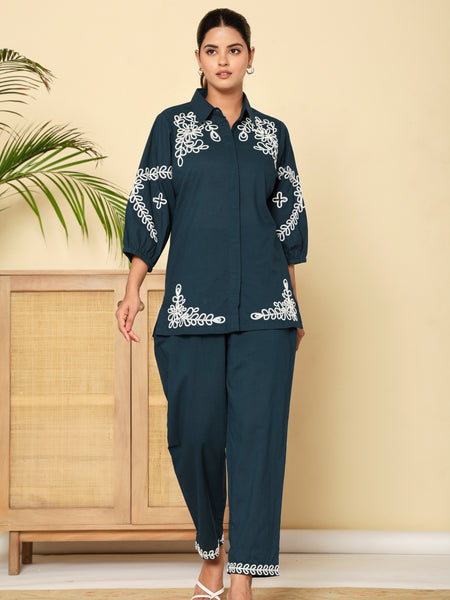 Midnight Bloom Navy Cotton Co-ord Set with Embroidery
