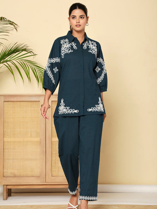 Midnight Bloom Navy Cotton Co-ord Set with Embroidery