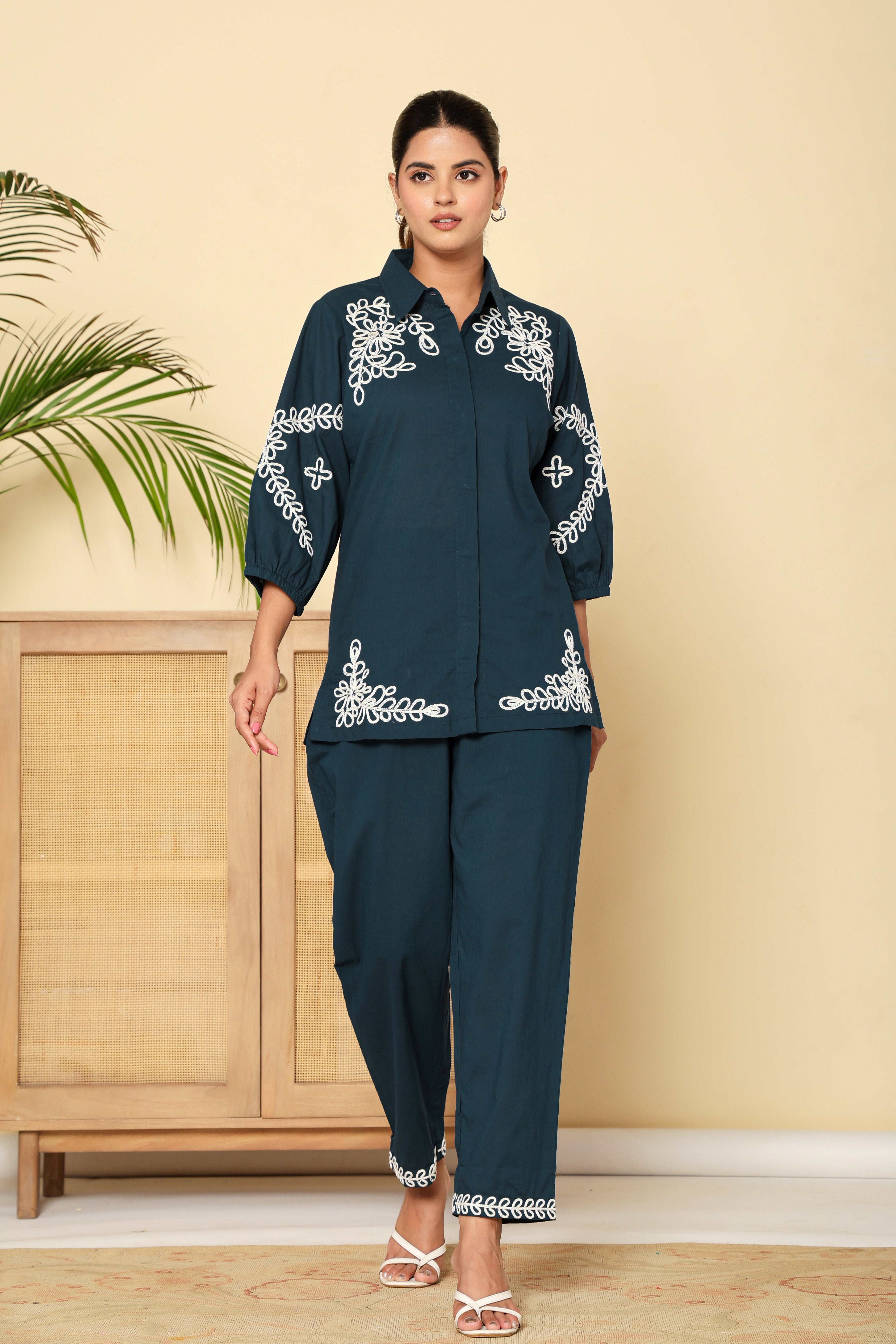 Midnight Bloom Navy Cotton Co-ord Set with Embroidery
