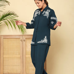 Midnight Bloom Navy Cotton Co-ord Set with Embroidery