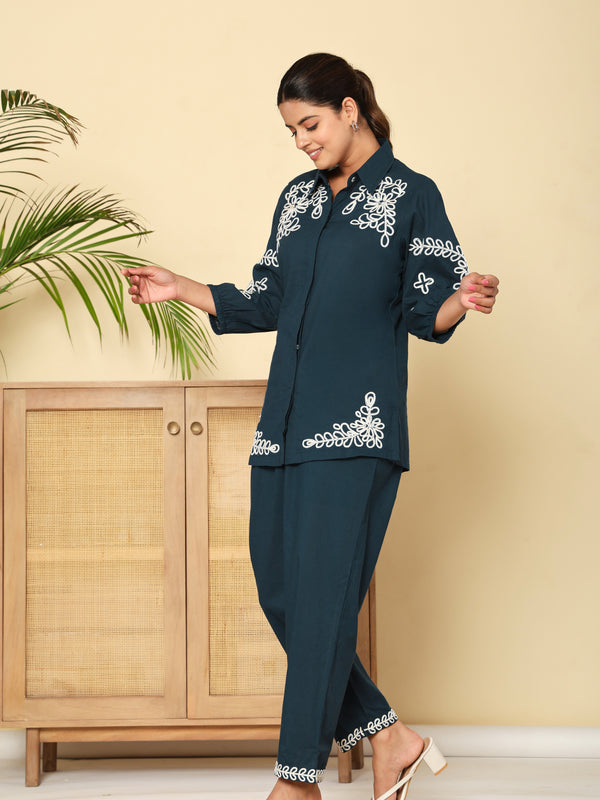 Midnight Bloom Navy Cotton Co-ord Set with Embroidery