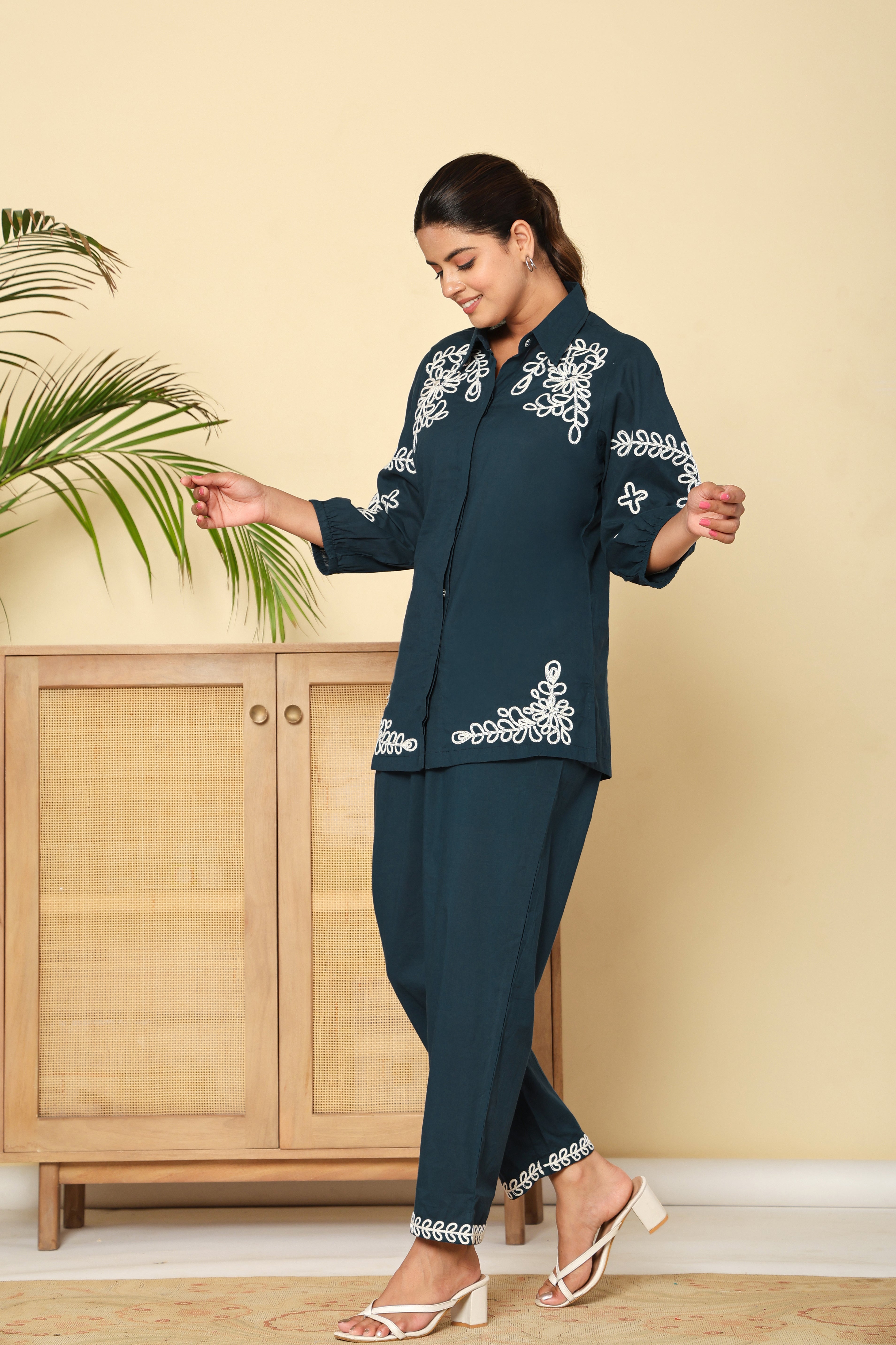Midnight Bloom Navy Cotton Co-ord Set with Embroidery