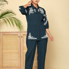 Midnight Bloom Navy Cotton Co-ord Set with Embroidery