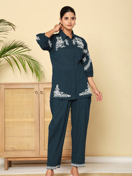 Midnight Bloom Navy Cotton Co-ord Set with Embroidery