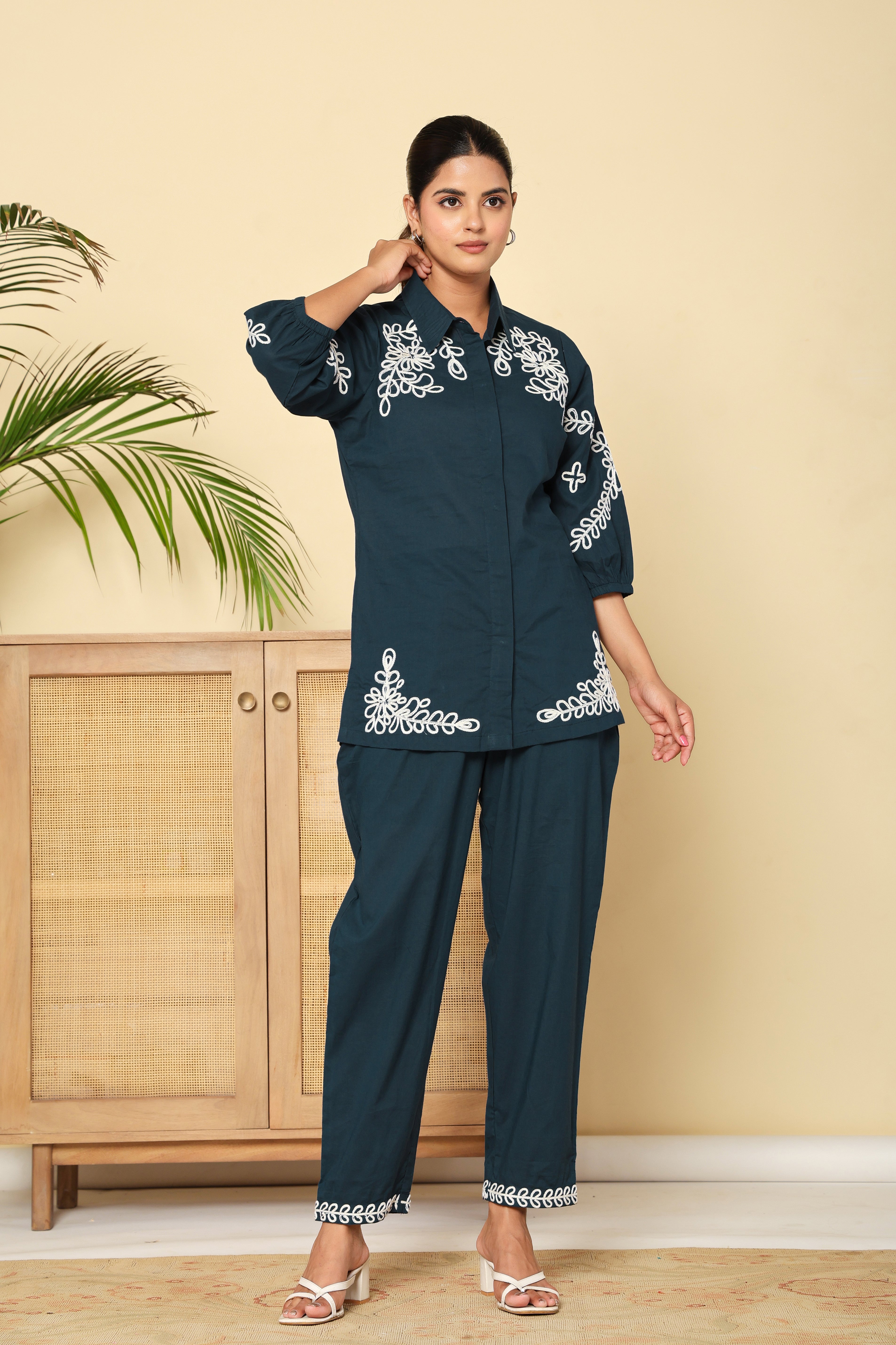 Midnight Bloom Navy Cotton Co-ord Set with Embroidery